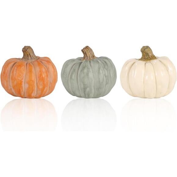 Set of 3 Decorative Pumpkins – Resin Fall Harvest Décor in White, Sage Green - Picture 1 of 7